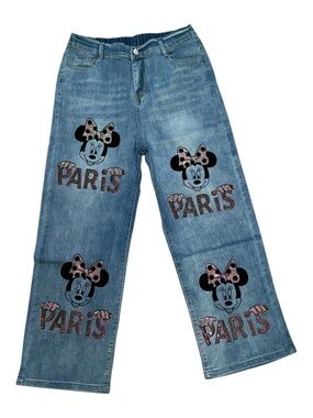 Disney Blue Denim Wide-Leg Jeans with Minnie Paris Motifs